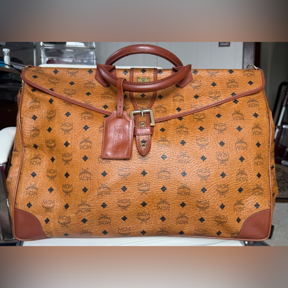 MCM Visetos Travel Boston Bag in Cognac Canvas
